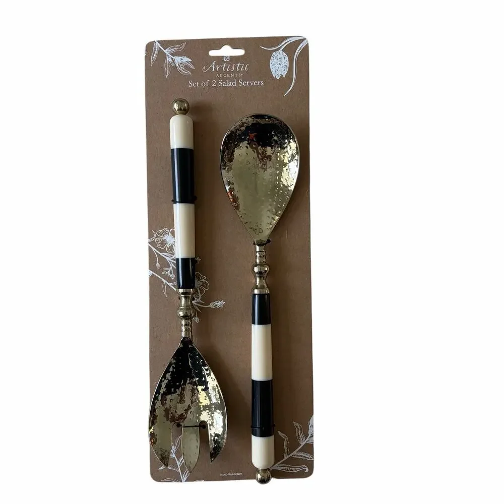Artistic Accents Set of 2 Salad Servers Black & White Striped Gold Glam New